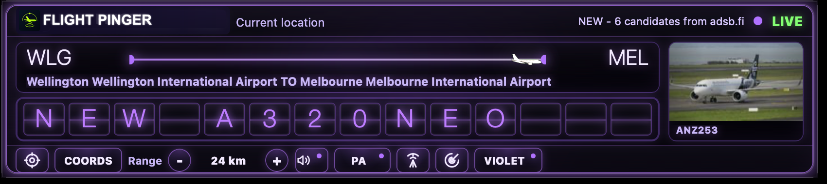Flight Pinger desktop widget showing a nearby aircraft alert